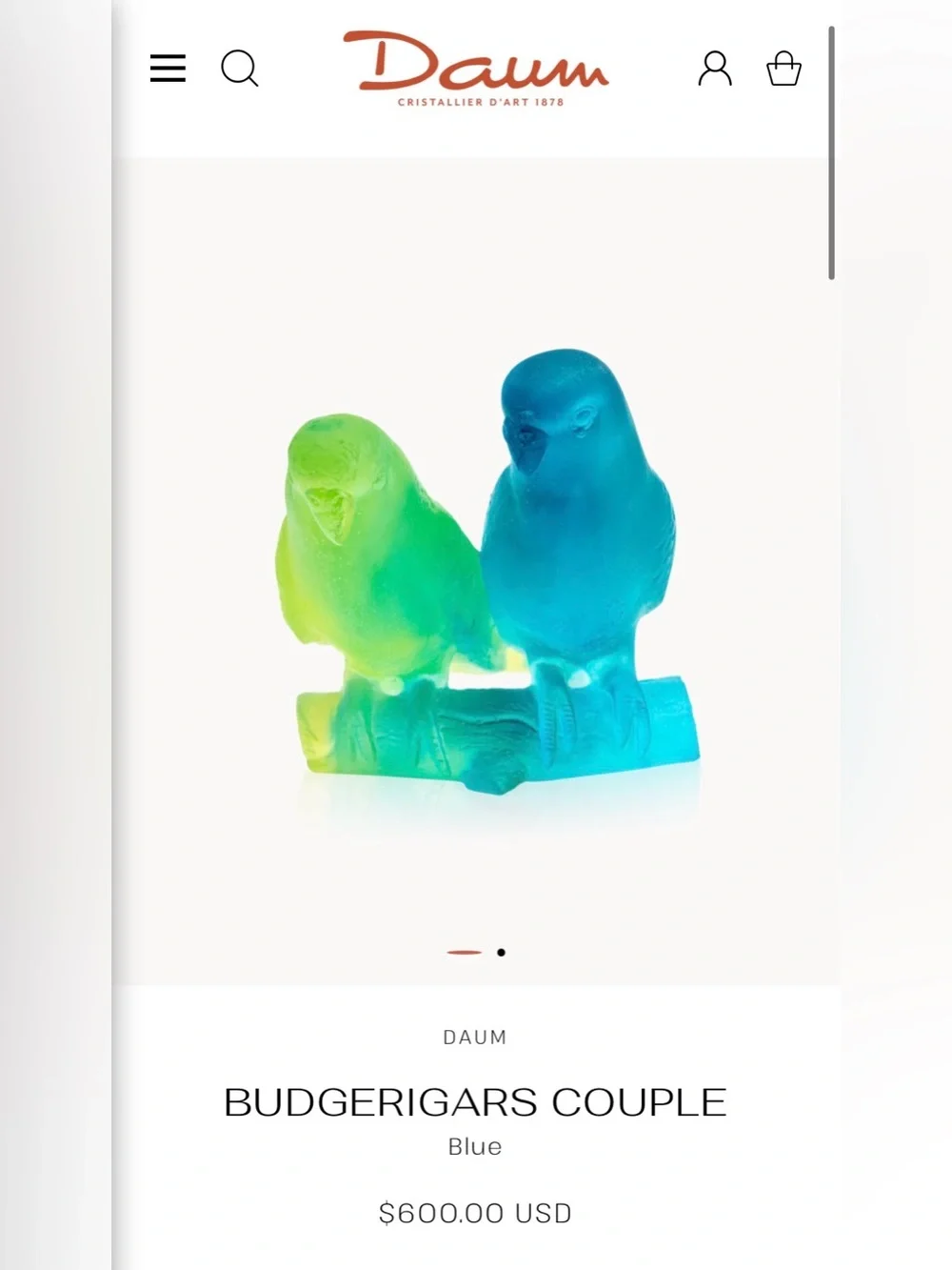 🦜Daum France Blue and Green Glass Budgerigars Couple Figurine